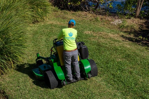 landscaper mowing lawn