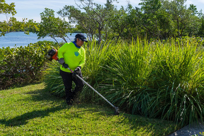 Landscape maintenance crew weed wacking along flower beds near water
